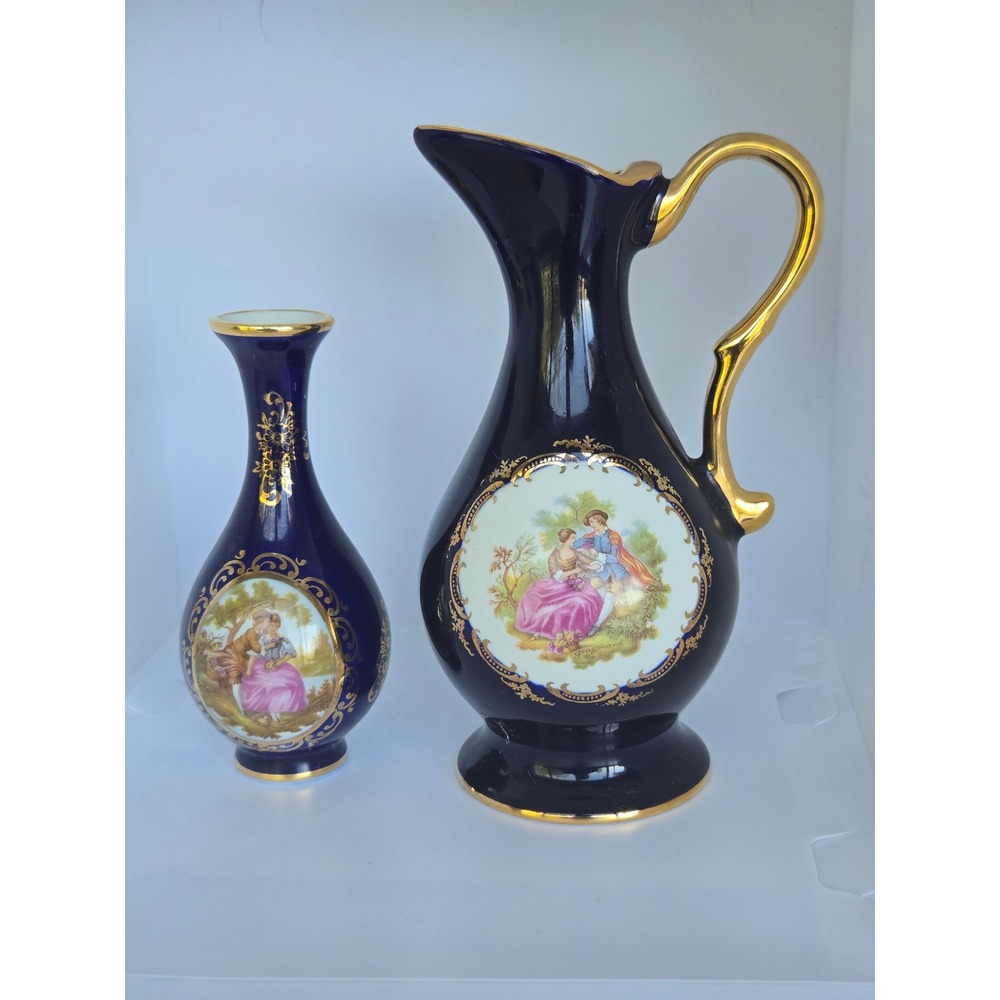 Limoges Cobalt Urn & Vase – Fragonard Scene, Gold‎ Trim, Made in France